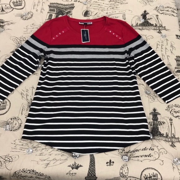 Karen Scott Sport Colorblocked Striped Grommet Top - Picture 4 of 8